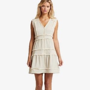Marie Oliver | Megan Beige Linen Like Frayed Trim Sleeveless A-line Mini Dress